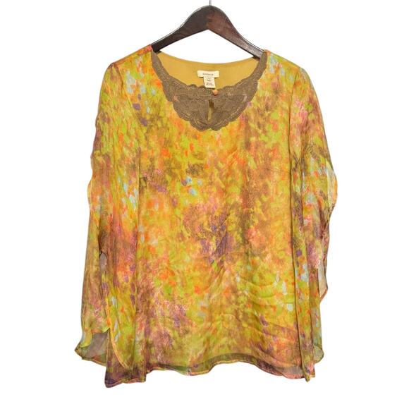 SUNDANCE GOLDEN YELLOW FLOWY FLORAL SILK TOP SIZE L BOHO CLASSY COLORFUL FALL - Picture 2 of 7